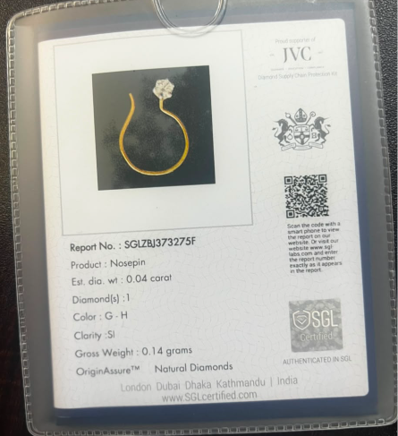 Eternal Solitaire Diamond Nose Pin certificate