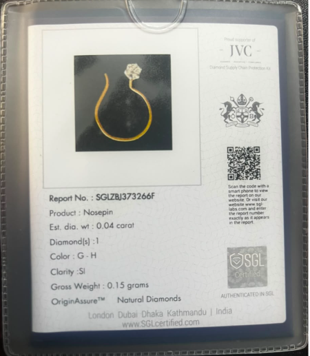 Classic Round Solitaire Nose Pin certificate